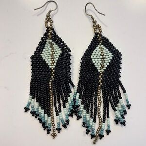 Ink + Alloy Beaded Fringe Tassel Earrings Black Green Gold